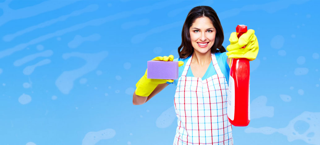 Smiling Female cleaner with cleaning spung and spray